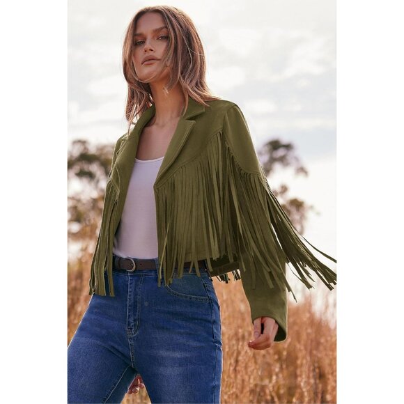 Women's Army Green Fringe Suede Leather Jackets Fall Fashion Tassel Motorcycle - Picture 3 of 9